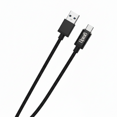 Black USB cable with one end being USB type A and the other end being USB type C, on a white background.