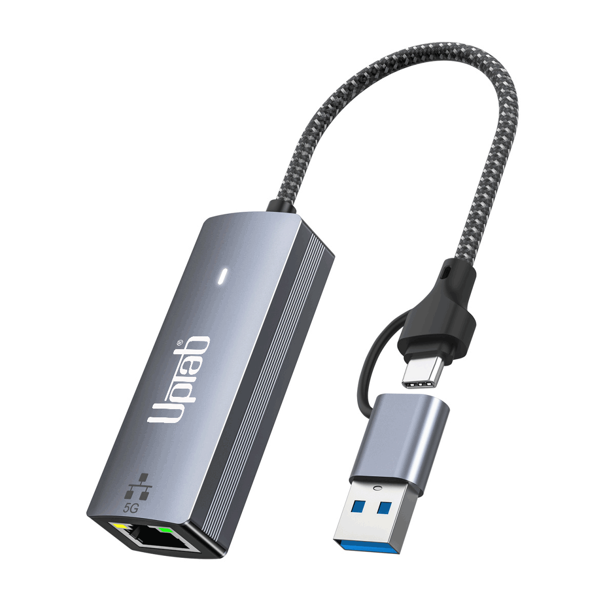 UPTab USB-C/A 5Gbps Ethernet Adapter connected to laptop – stable wired internet connection for MacBook, iPad, and Windows devices